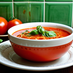 Mediterranean Tomato and Basil Noodle Soup**

"A vibrant bowl of tomato and basil noodle soup, garnished with fresh basil leaves and a drizzle of olive oil, served on a rustic wooden table. The soup is steaming gently, showcasing the rich red color of the tomatoes and the bright green of the basil. Background includes a sunlit Mediterranean kitchen with ceramic tiles and fresh herbs. Fully clothed, appropriate content, safe for work, professional, modest, perfect anatomy, natural proportions, professional photography, high quality."

**