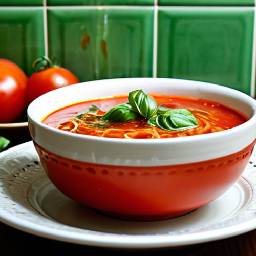 Mediterranean Tomato and Basil Noodle Soup**

"A vibrant bowl of tomato and basil noodle soup, garnished with fresh basil leaves and a drizzle of olive oil, served on a rustic wooden table. The soup is steaming gently, showcasing the rich red color of the tomatoes and the bright green of the basil. Background includes a sunlit Mediterranean kitchen with ceramic tiles and fresh herbs. Fully clothed, appropriate content, safe for work, professional, modest, perfect anatomy, natural proportions, professional photography, high quality."

**