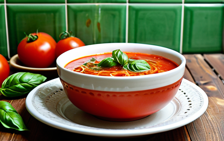 Mediterranean Tomato and Basil Noodle Soup**

"A vibrant bowl of tomato and basil noodle soup, garnished with fresh basil leaves and a drizzle of olive oil, served on a rustic wooden table. The soup is steaming gently, showcasing the rich red color of the tomatoes and the bright green of the basil. Background includes a sunlit Mediterranean kitchen with ceramic tiles and fresh herbs. Fully clothed, appropriate content, safe for work, professional, modest, perfect anatomy, natural proportions, professional photography, high quality."

**