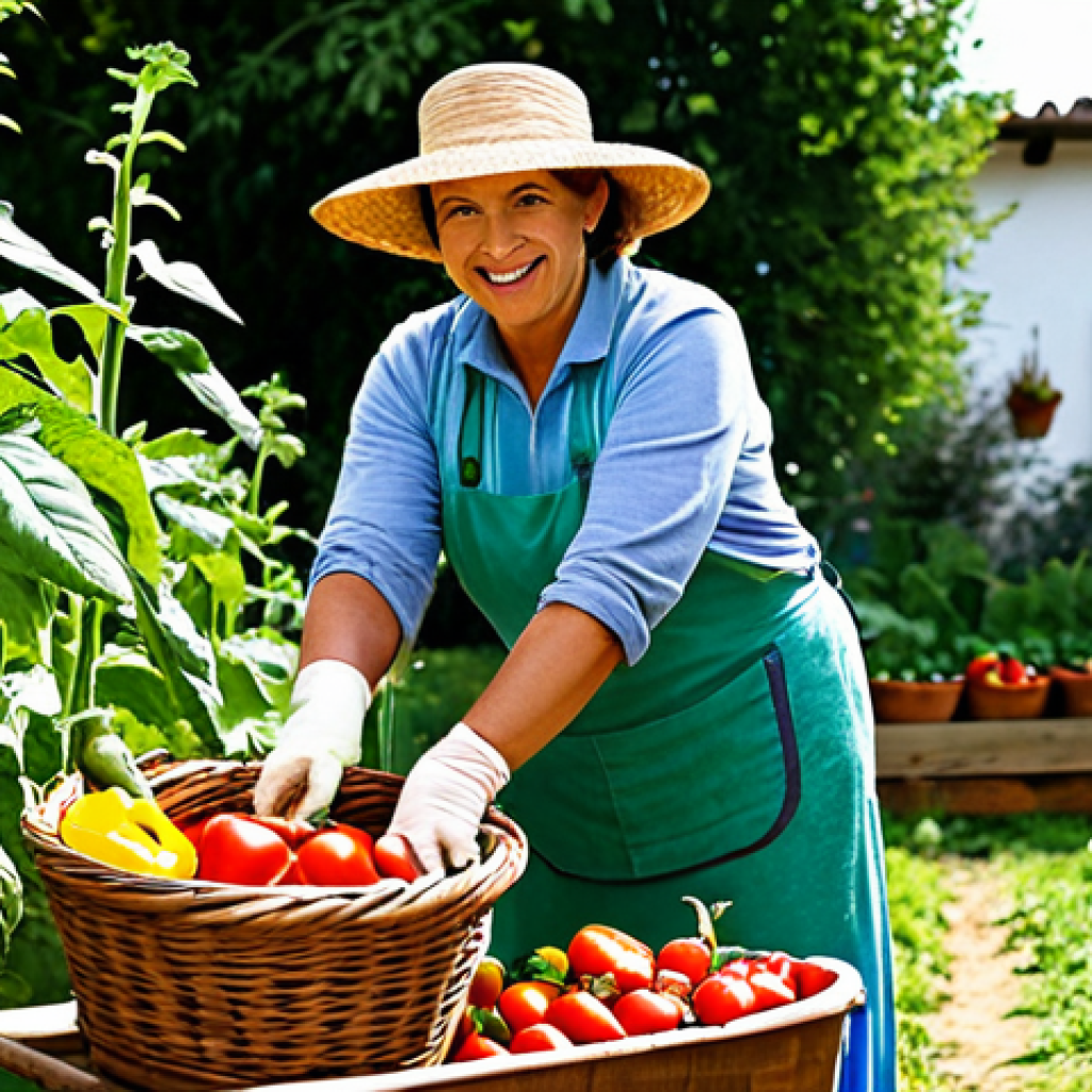식재료 활용 팁 절약과 건강 두 마리 토끼 잡기 - Vibrant Vegetable Garden with a Woman Harvesting**
A sunlit kitchen garden overflowing with colorfu...