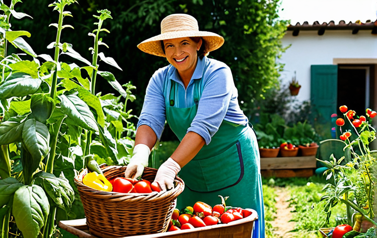 식재료 활용 팁 절약과 건강 두 마리 토끼 잡기 - Vibrant Vegetable Garden with a Woman Harvesting**
A sunlit kitchen garden overflowing with colorfu...