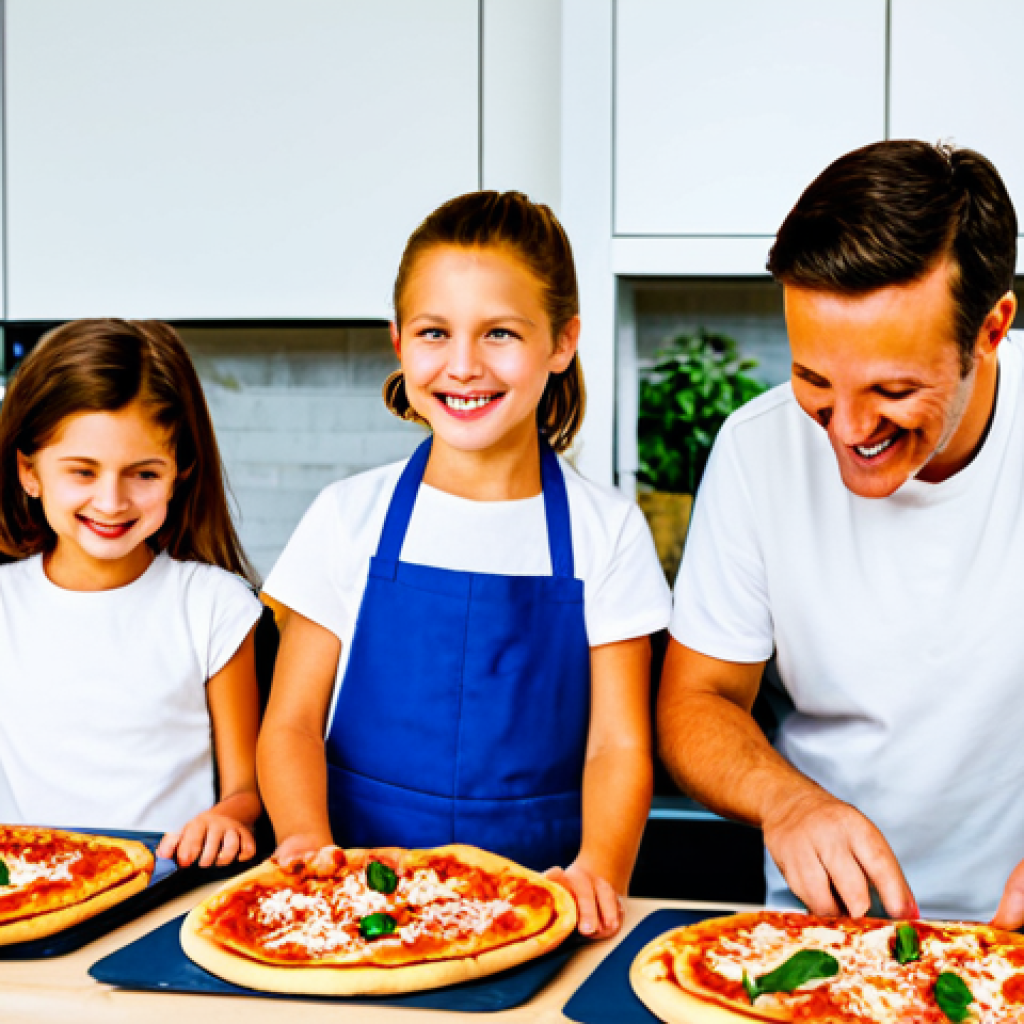 식재료를 통한 가족 요리 시간 만들기 - Pizza Night Fun**
"A family (parents and two children) making homemade pizzas together in a bright,...