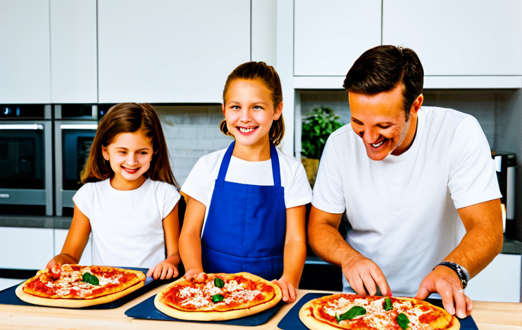 식재료를 통한 가족 요리 시간 만들기 - Pizza Night Fun**
"A family (parents and two children) making homemade pizzas together in a bright,...