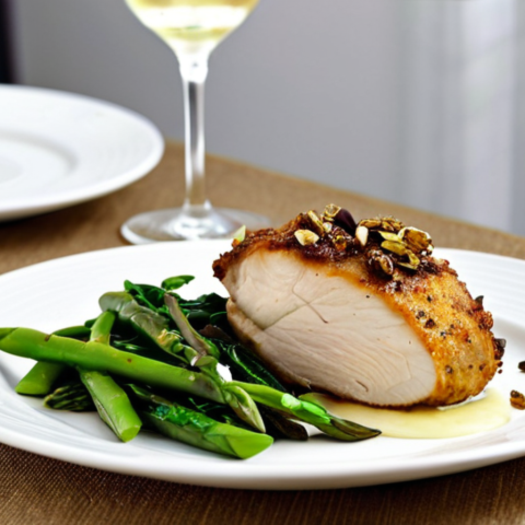 식재료 활용으로 만드는 특별한 생일 요리 - **Prompt 1: Elevated Stuffed Chicken Main Course**
"A close-up, high-resolution food photography...