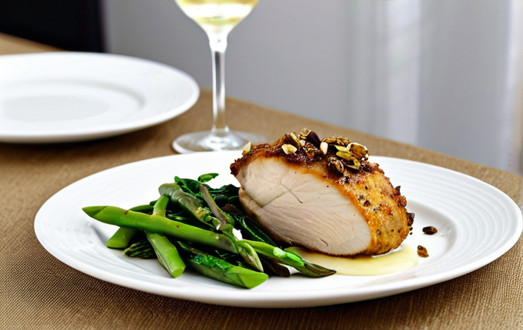식재료 활용으로 만드는 특별한 생일 요리 - **Prompt 1: Elevated Stuffed Chicken Main Course**
"A close-up, high-resolution food photography...