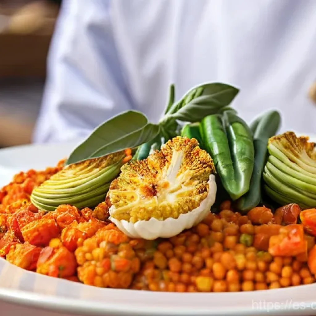 식재료를 활용한 특별한 디너 아이디어 - **Vibrant Local Market & Gourmet Vegetable Dish:**
A bustling and colorful Spanish farmers' mark...