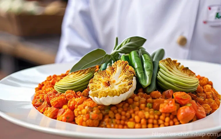 식재료를 활용한 특별한 디너 아이디어 - **Vibrant Local Market & Gourmet Vegetable Dish:**
A bustling and colorful Spanish farmers' mark...