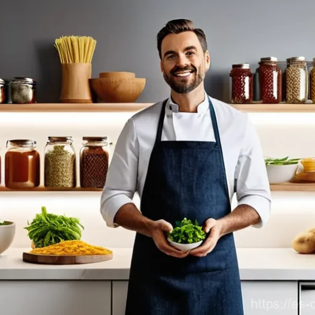 식재료 활용으로 만드는 특별한 저녁 메뉴 - **Prompt:** A discerning home chef, mid-30s, fully clothed in a stylish yet comfortable apron over a...