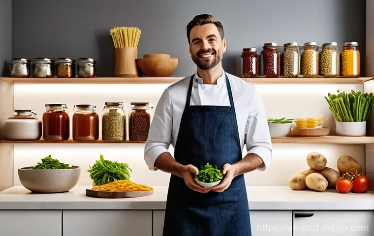 식재료 활용으로 만드는 특별한 저녁 메뉴 - **Prompt:** A discerning home chef, mid-30s, fully clothed in a stylish yet comfortable apron over a...