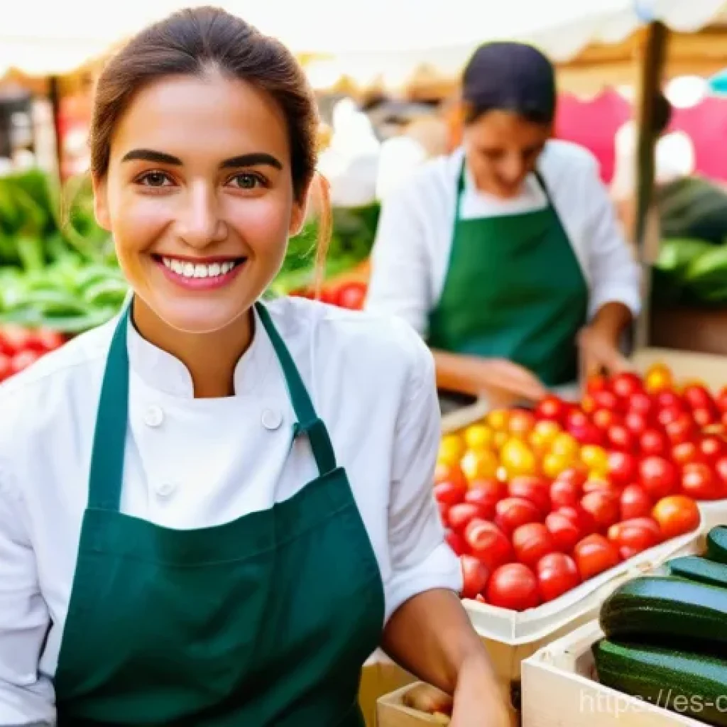 식재료를 활용하여 만드는 요리 예술 - A vibrant, eye-level shot of a bustling Spanish local market. In the foreground, a young, smiling fe...