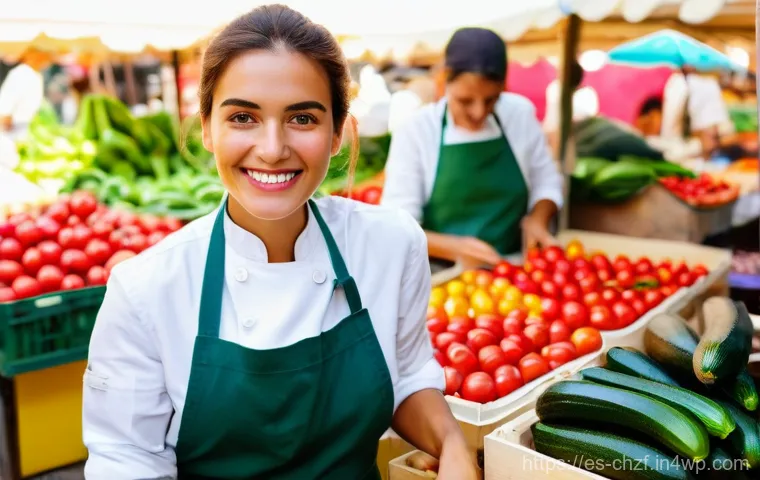 식재료를 활용하여 만드는 요리 예술 - A vibrant, eye-level shot of a bustling Spanish local market. In the foreground, a young, smiling fe...
