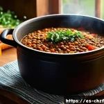 Home 22 비건 식재료 활용 요리 아이디어 - A vibrant, rustic kitchen scene showcasing a colorful lentil stew simmering in a large clay pot on a...