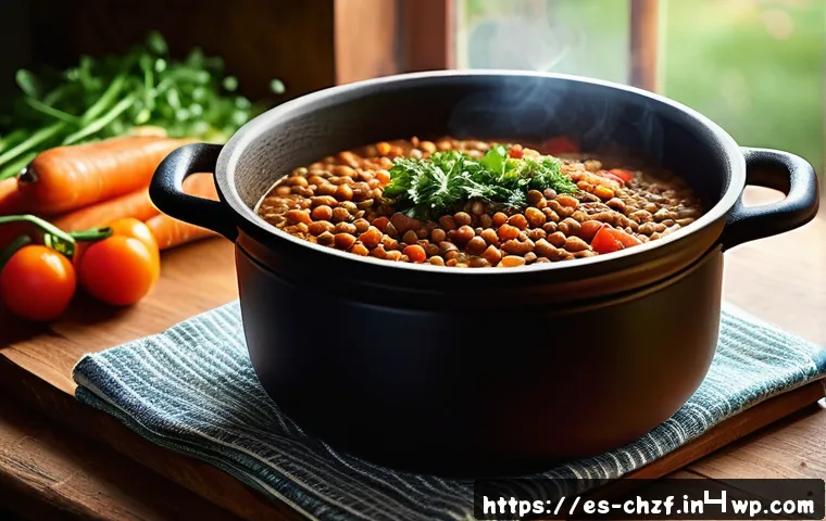 비건 식재료 활용 요리 아이디어 - A vibrant, rustic kitchen scene showcasing a colorful lentil stew simmering in a large clay pot on a...