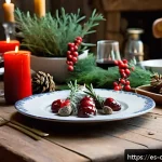 Home 21 식재료를 활용한 특별한 크리스마스 메뉴 - A rustic Christmas table setting in a cozy Spanish countryside home, featuring ceramic plates handma...