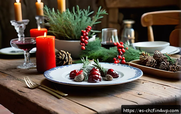 식재료를 활용한 특별한 크리스마스 메뉴 - A rustic Christmas table setting in a cozy Spanish countryside home, featuring ceramic plates handma...