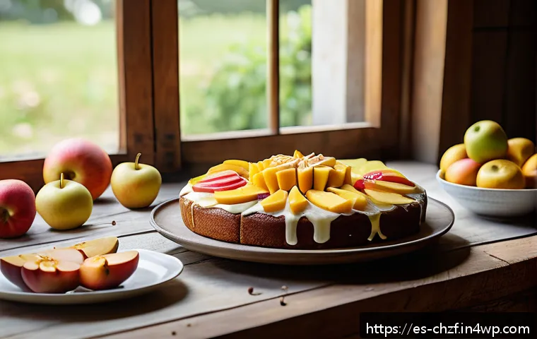 식재료를 활용한 인기 있는 디저트 - A cozy kitchen scene showcasing a variety of fresh fruits such as ripe apples, pears, bananas, mango...