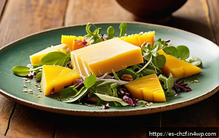 식재료 활용으로 만든 특별한 음식 조합 - A vibrant gourmet salad featuring tropical fruits like mango and pineapple paired with slices of age...