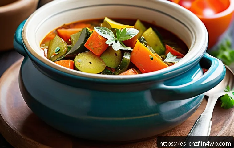 식재료 활용으로 만드는 다양한 요리 스타일 - A vibrant and appetizing vegetable stew served in a rustic ceramic bowl, featuring bright colors fro...