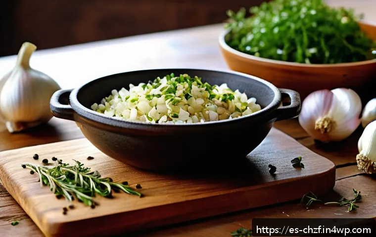 식재료 활용을 통한 색다른 요리 도전 - A rustic kitchen scene featuring a close-up of a wooden cutting board with freshly chopped garlic cl...
