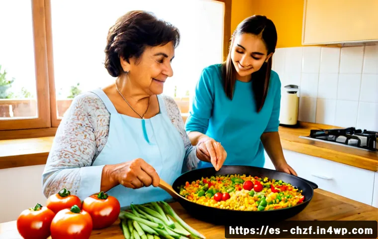 식재료 활용  요리로 전달하는 사랑과 정성 - Photorealistic warm Spanish home kitchen, loving grandmother and teenage granddaughter preparing a c...